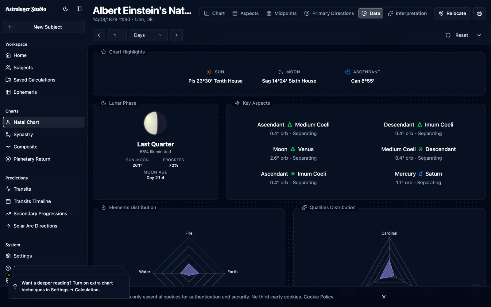 Chart details and saved subjects — Review positions, aspects and distributions alongside your chart. Keep birth data, notes and tags together in your subjects database.
