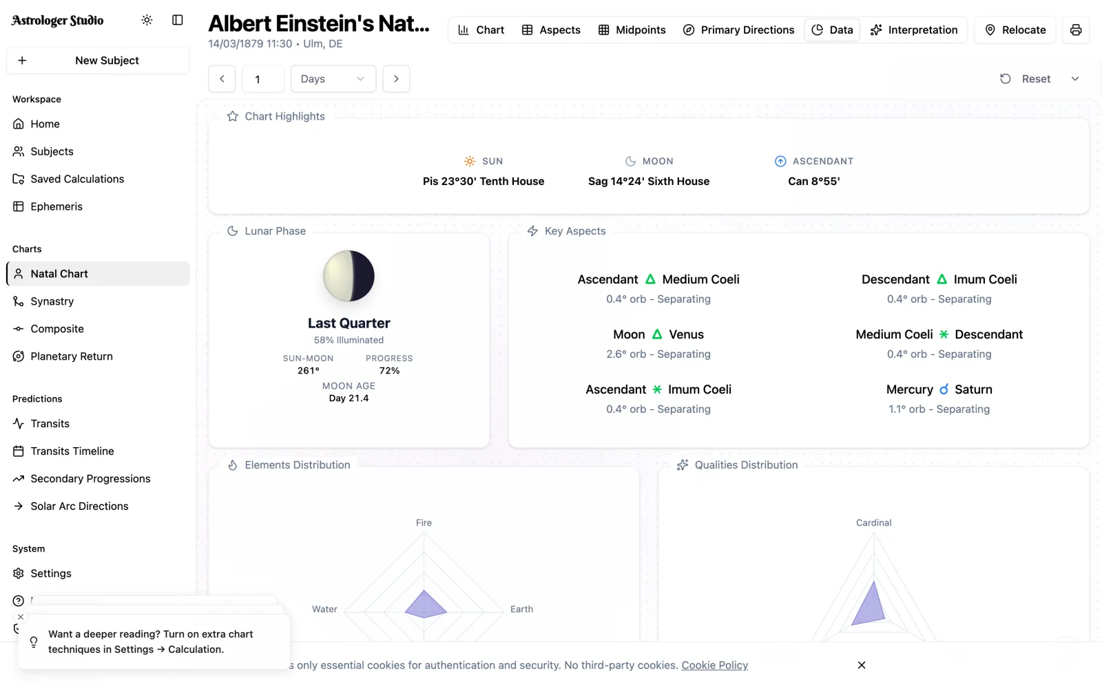Chart details and saved subjects — Review positions, aspects and distributions alongside your chart. Keep birth data, notes and tags together in your subjects database.