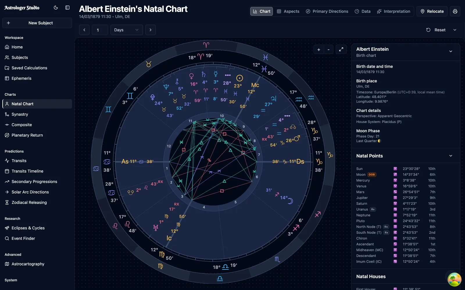 Astrologer Studio — interactive natal chart with aspects, planetary positions and chart data