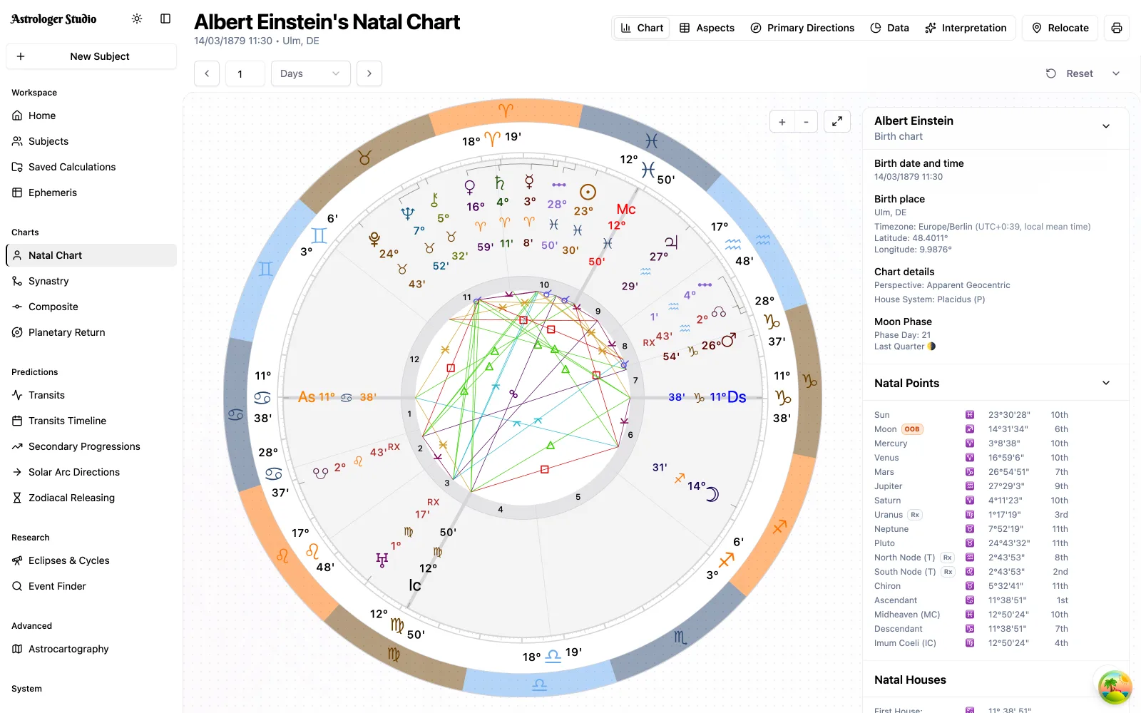 Astrologer Studio — interactive natal chart with aspects, planetary positions and chart data
