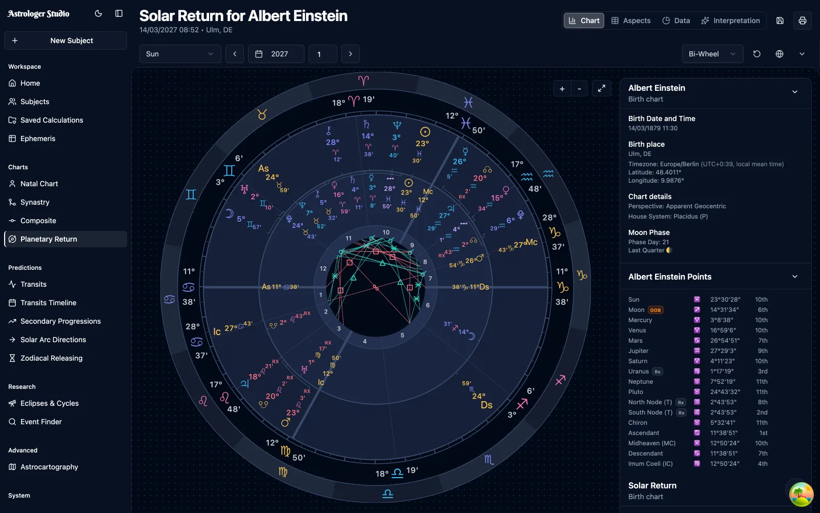 Solar & Lunar Returns — Find when a planet returns to its natal position and explore the chart for that moment. Choose a location to compare house placements.