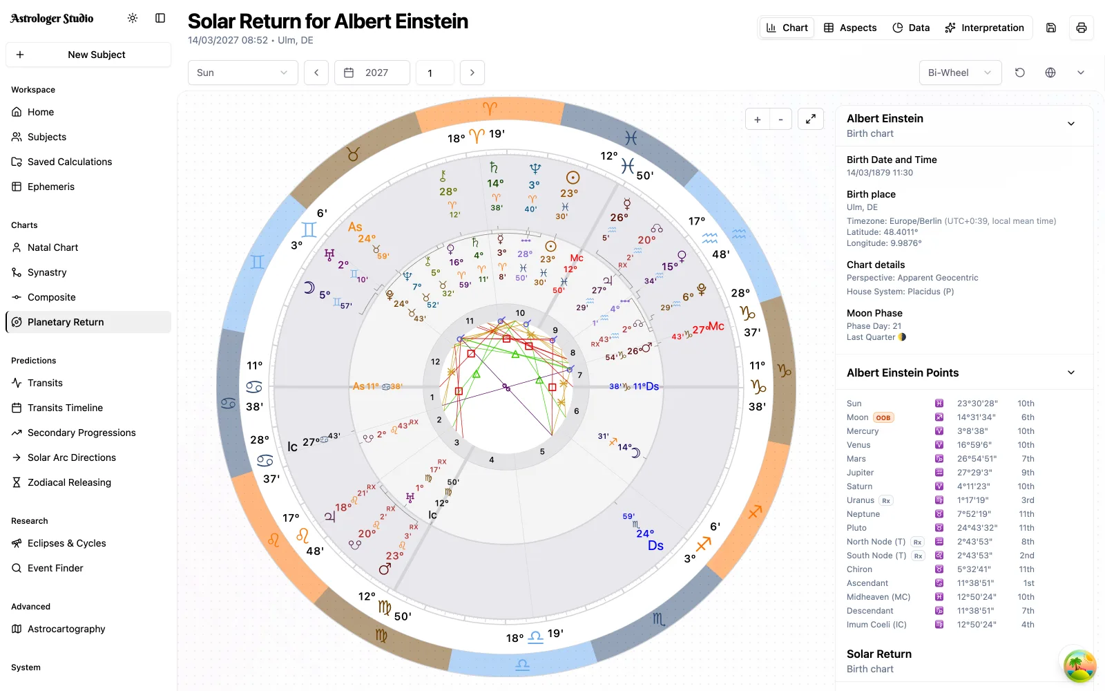 Solar & Lunar Returns — Find when a planet returns to its natal position and explore the chart for that moment. Choose a location to compare house placements.