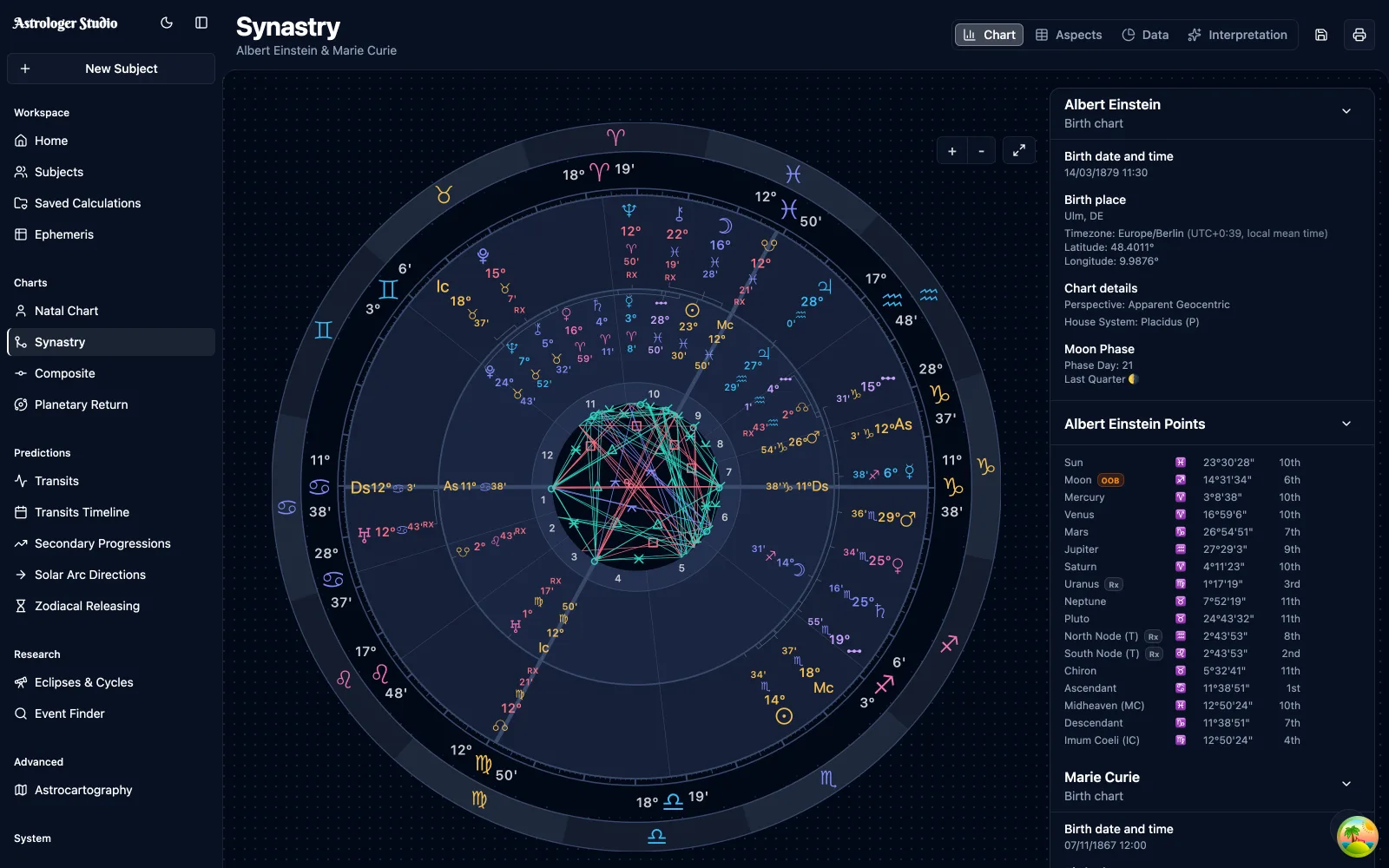 Synastry & Composite — Explore how two charts relate through synastry, or combine their positions in a composite midpoint chart.