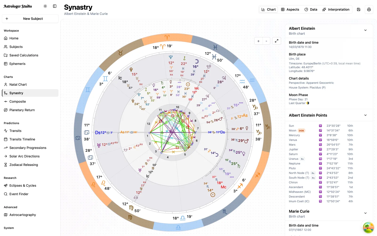 Synastry & Composite — Explore how two charts relate through synastry, or combine their positions in a composite midpoint chart.