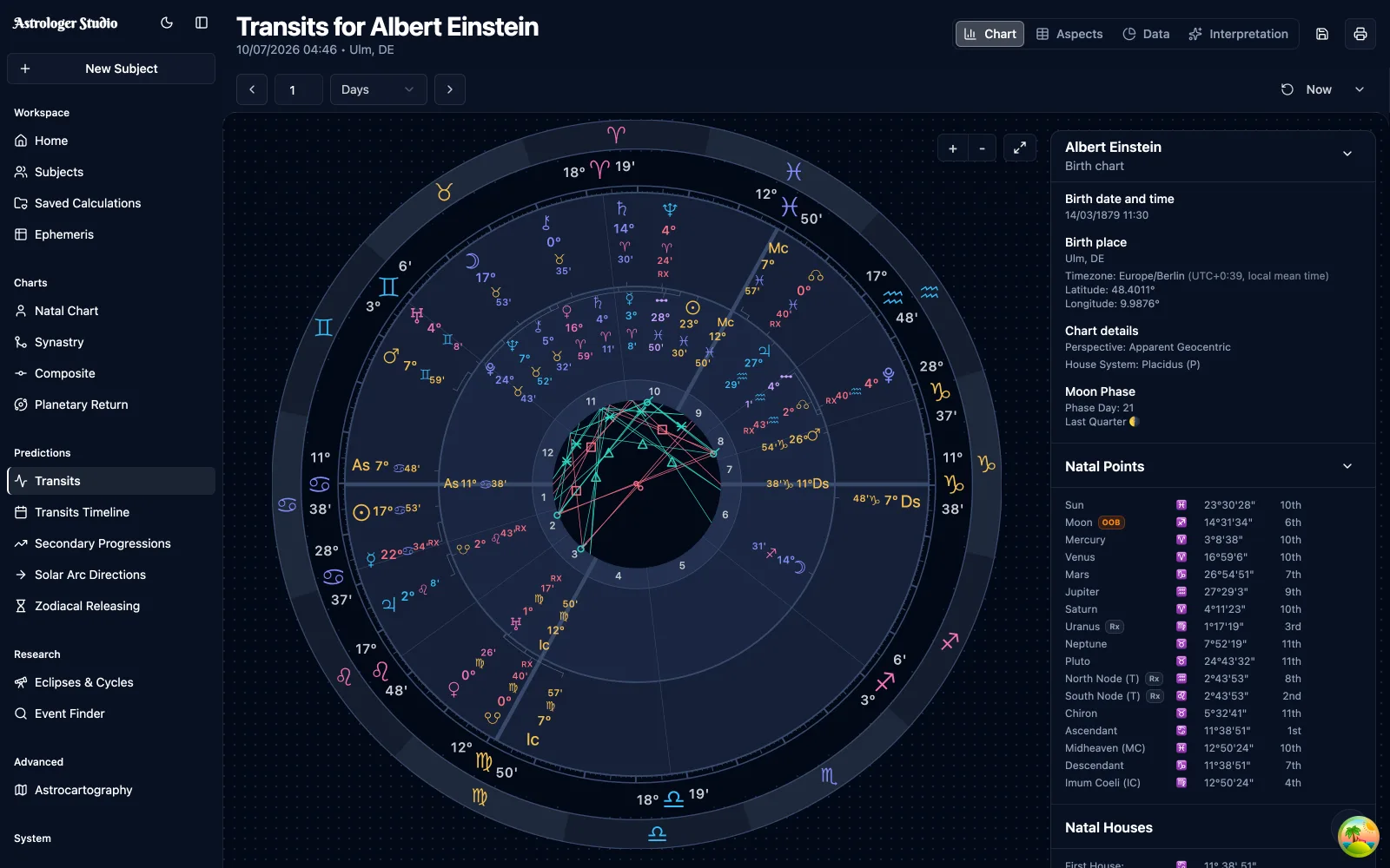Explore planetary transits — Compare planetary positions for a selected date with a natal chart. Explore the aspects between them, with orbs and chart details alongside the wheel.