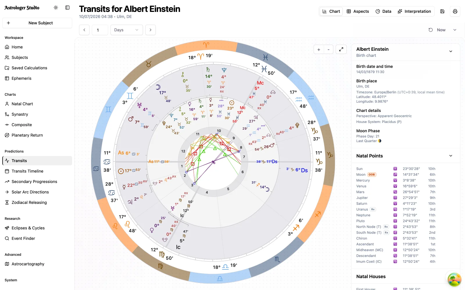 Explore planetary transits — Compare planetary positions for a selected date with a natal chart. Explore the aspects between them, with orbs and chart details alongside the wheel.